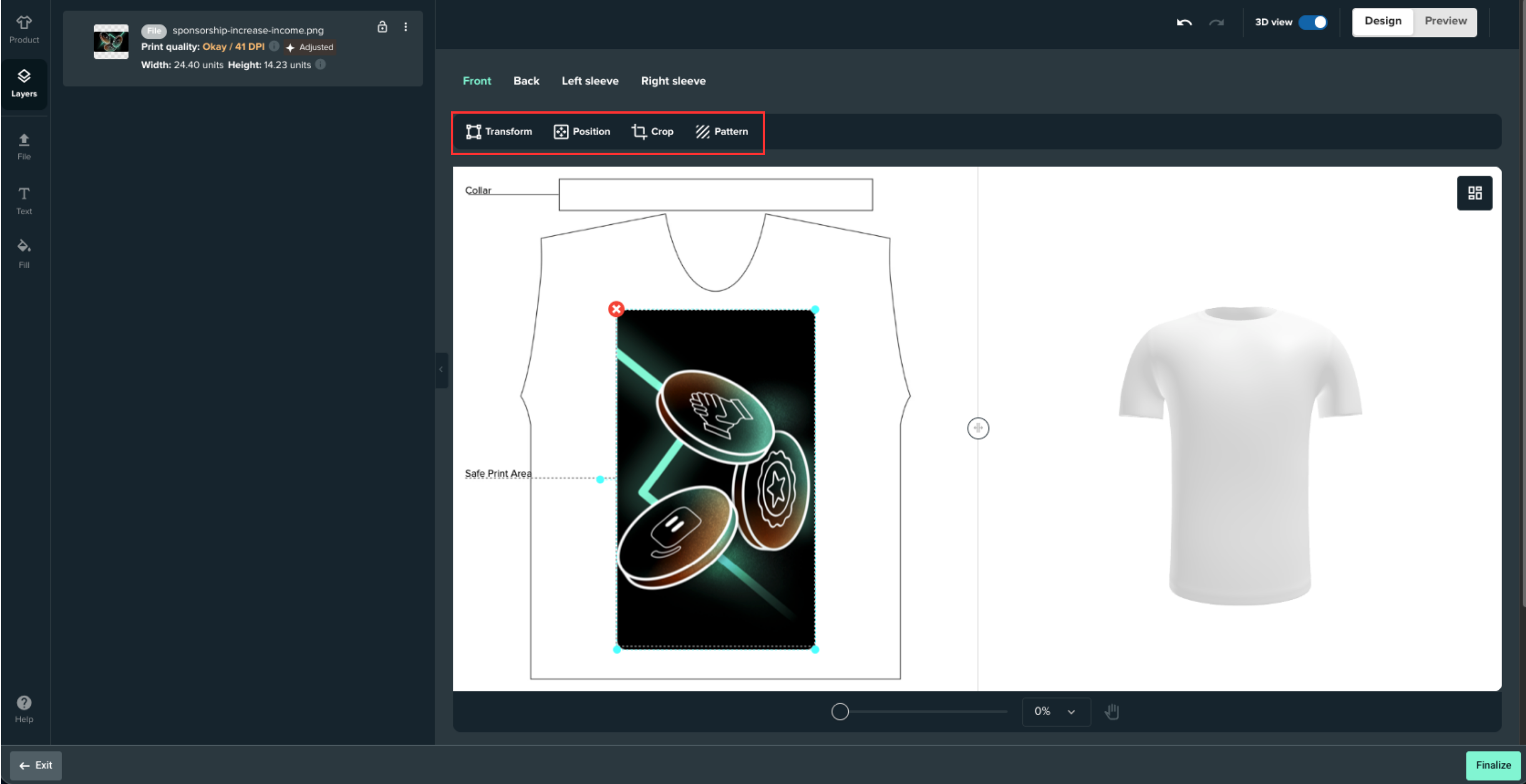 Use the Transform, Position, or Crop buttons within the editor to resize, rotate and flip the design. Use the Pattern button to explore patterns.